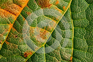 This close-up photograph showcases the intricate details and vibrant green color of a single leaf, Patterns in a leaf when