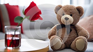 A close-up photograph where a lovable brown teddy bear takes center stage against a romantically blurred living room setting.