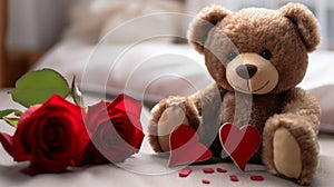 A close-up photograph where a lovable brown teddy bear takes center stage against a romantically blurred living room setting.