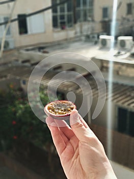 Close-up photography of passion fruit with bokeh effect