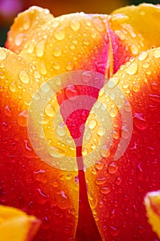 Close up photography of red yellow tulip and its multicolored petals with drops of water. Nature details. Netherlands tulips.