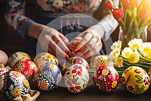 Close up photography of woman hands delicately decorating easter eggs in a sunlit kitchen