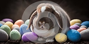 Close-up photorealistic illustration of adorable happy Easter Bunny with many colorful easter eggs. Generative AI