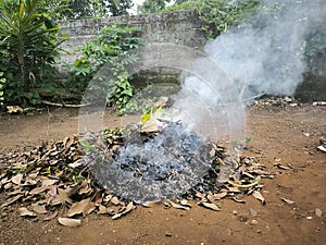 Close up photos burn dry fallen leaves that produce thick smoke.