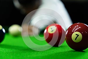 Close-up photos, playing billiard balls, various numbers, stabbing the ball, numbers and green ground