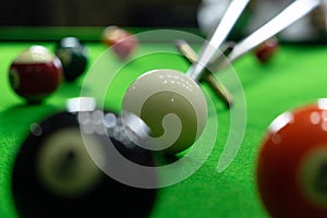 Close-up photos, playing billiard balls, various numbers, stabbing the ball, numbers and green ground