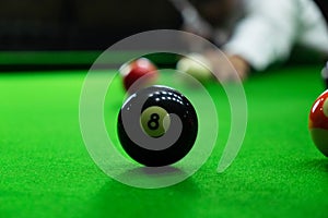 Close-up photos, playing billiard balls, various numbers, stabbing the ball, numbers and green ground