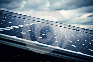 Close up of photovoltaic solar cells with overcast sky with clouds