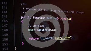 Close-up of PHP code in Laravel framework showing a user deletion function. Ideal for representing backend development, coding