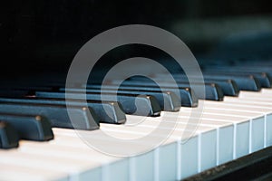 Close up piano keys of an black grand piano. Music instrument detail