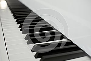 Close up piano keys black and white keys. perspective from piano keyboard.