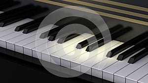 Close-up of piano keys. Close frontal diagonal view on black and white keys. 3d rendering