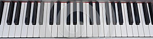 close-up of piano keys. close frontal view, black and white piano keys, viewed from above