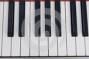 close-up of piano keys. close frontal view, black and white piano keys, viewed from above