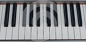 close-up of piano keys. close frontal view, black and white piano keys, viewed from above