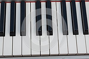 close-up of piano keys. close frontal view, black and white piano keys, viewed from above