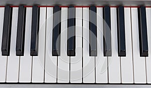 close-up of piano keys. close frontal view, black and white piano keys, viewed from above