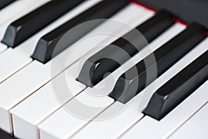 Close up piano keys details, indoor, macro photography