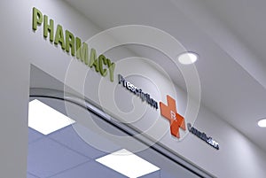 Close up of pick up and medication information sign hanging on store