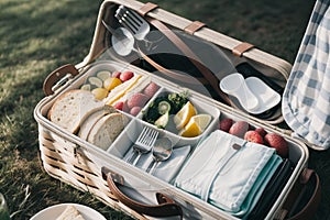 Close-up of a picnic basket on grass