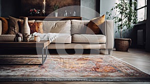 A close-up picture of the area rug in front of the sofa, emphasizing its high-quality and serene design.