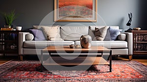 A close-up picture of the area rug in front of the sofa, emphasizing its high-quality and serene design.