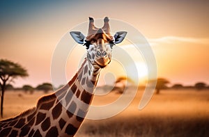 Close-up picture of a giraffe looking at camera and smiles against the backdrop of the savannah at sunset.