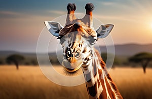 Close-up picture of a giraffe looking at camera and smiles against the backdrop of the savannah at sunset.