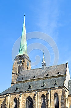 Close up picture of Gothic Saint Bartholomew Cathedral in Pilsen, Czech Republic. Historic cathedral in the old town. The city is