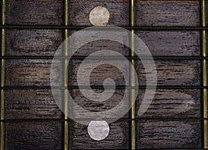 Close-up picture of a guitar with a fingerboard made of wood with a white inlay and a very old guitar string