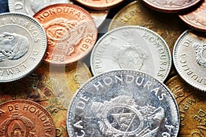 Close up picture of Honduran lempira coins.