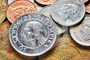 Close up picture of Honduran lempira coins.