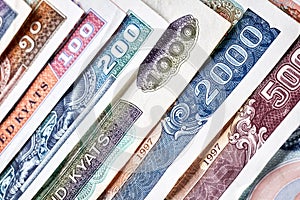 Close up picture of Lao kip banknotes