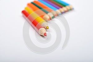 Close up picture of many little colored pencil crayons on white