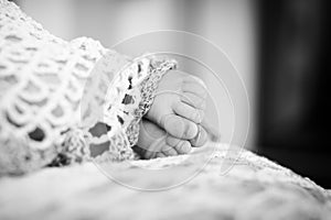 Close up picture of new born baby feet. Black-and-white photo. Baby`s feet in black and white