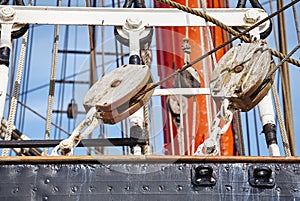 Close up picture of old sailing ship details.