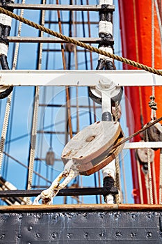 Close up picture of old sailing ship details.