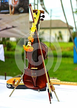 Close-up picture of old wooden violin instrument, beautiful color, beautiful melodious sound