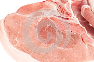Close up picture of pork leg fresh meat, isolated on white
