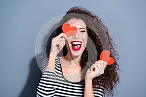 Close up picture portrait of lovely sweet cute attractive pretty screaming having fun nice glad positive lady showing