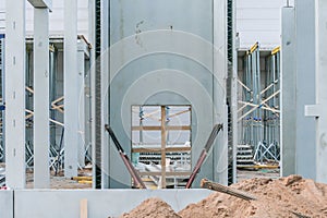 Close up picture of precast concrete columns and beams on construction site