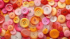 The close-up picture shows a variety of buttons in different sizes and shapes, all artistically arranged on a spotless white