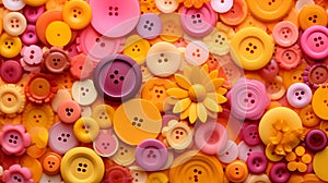 The close-up picture shows a variety of buttons in different sizes and shapes, all artistically arranged on a spotless white