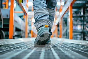 The close up view of engineer working inside factory and focus on boots. AIG43.