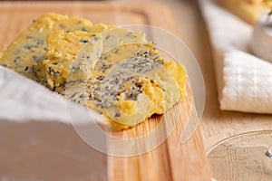 Close up of piece of blue cheese