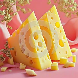 Close Up Pieces Of Cheese On A Pink Background