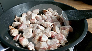 Close-up on pieces of chicken meat in a frying pan