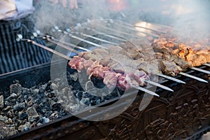 Close up pieces of meat, shashlik or barbeque on skewers