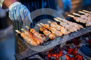 Close up pieces of meat, shashlik or barbeque on skewers