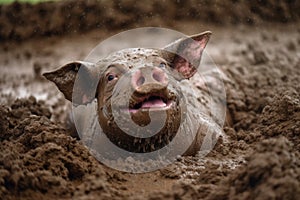 close-up of a pig happily rolling in mud